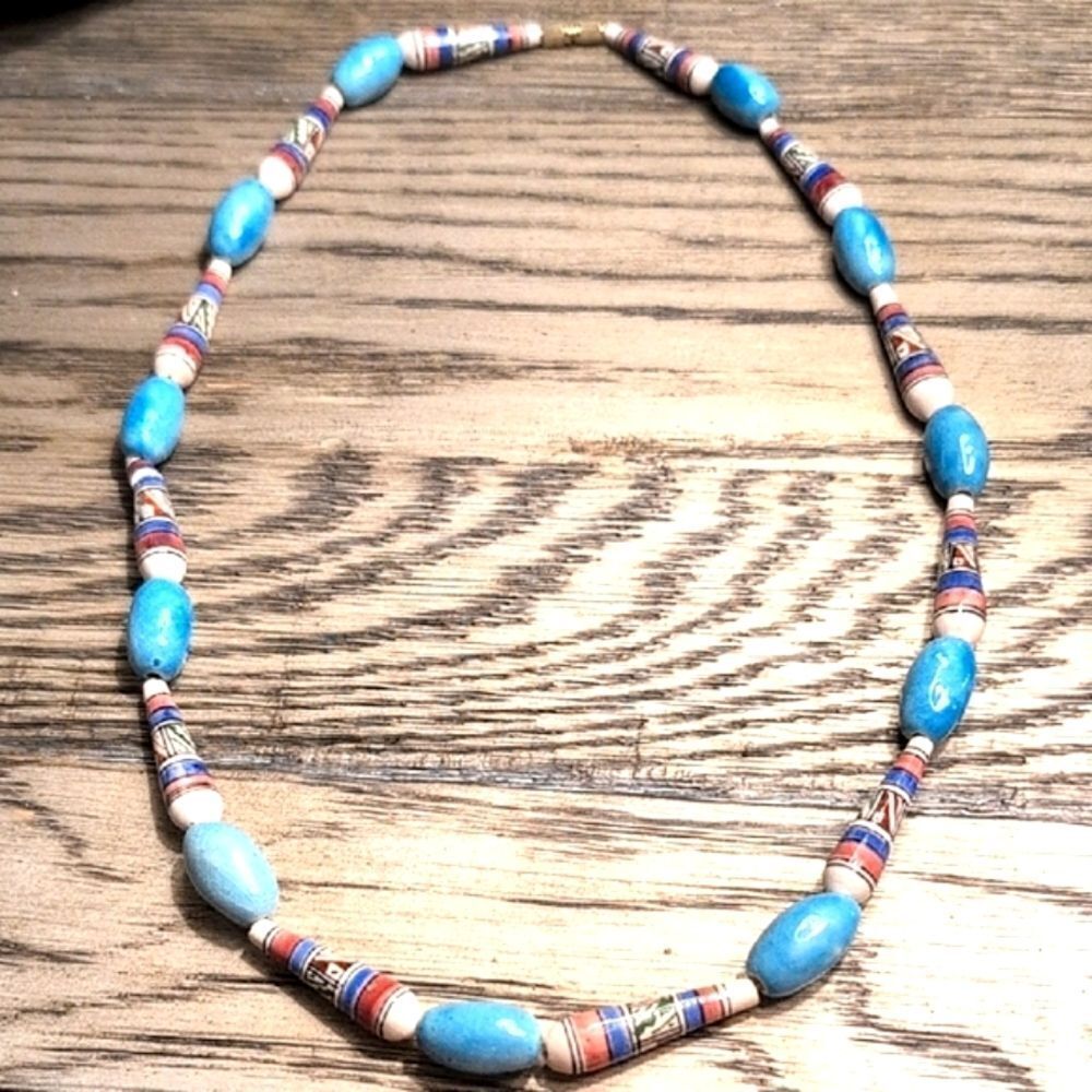 Elegant Blue and Southwestern Designed Ceramic Bead 23" Necklace